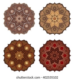 Set with four Mandalas in chocolate colors. Vector ornaments, round decorative elements for your design