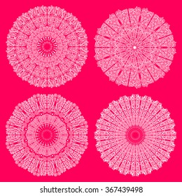 Set of four mandalas. Circular patterns, hand drawn style doodle. White lace on a pink background. Sunny ornament.