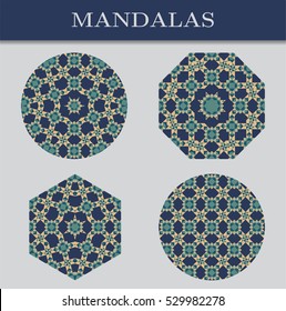 Set of four mandalas. Cool colors, geometric pattern. Vector Illustration