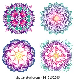 Set of four mandalas with a gradient fill. Great for use in the field of yoga and pilates