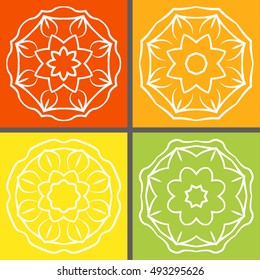 Set of four mandalas on different colorful backgrounds. Vector illustration