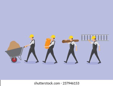 Set of four manual workers or labors in yellow helmet carrying work tool and equipment vector icons isolated on plain purple background