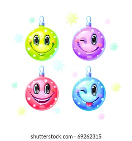 Set of four many-colored Christmas-tree decorations. Four fun balls with smiling faces, eyes and laughing mouthes. Yellow, violet, red and blue, on white background.