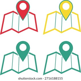 A set of four map icons with location markers in red, yellow, and green colors, displayed on a white background, representing navigation and direction.