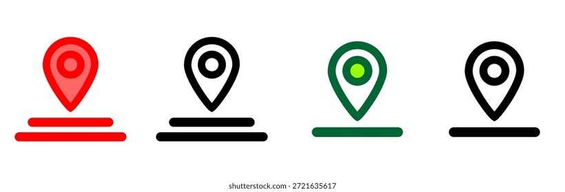 Conjunto de cuatro iconos de ubicación de pin de mapa en varios estilos, incluidos rojo sólido, contorno negro y verde con un punto