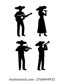 Set of four mariachi musicians and singer silhouettes with traditional outfits