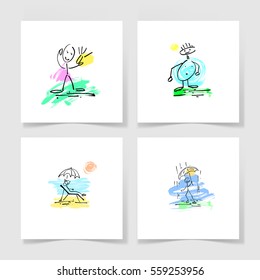 set of four marker hand drawing sketch doodle human stick figure and paint colored spot on a pieces blank sheet of white paper with the shadow for your design, vector illustration collection