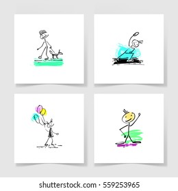 set of four marker hand drawing sketch doodle human stick figure and paint colored spot on a pieces blank sheet of white paper with the shadow for your design, vector illustration collection