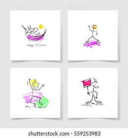 set of four marker hand drawing sketch doodle human stick figure and paint colored spot on a pieces blank sheet of white paper with the shadow for your design, vector illustration collection