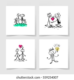 set of four marker hand drawing sketch doodle human stick figure and paint colored spot on a pieces blank sheet of white paper with the shadow for your design, vector illustration collection