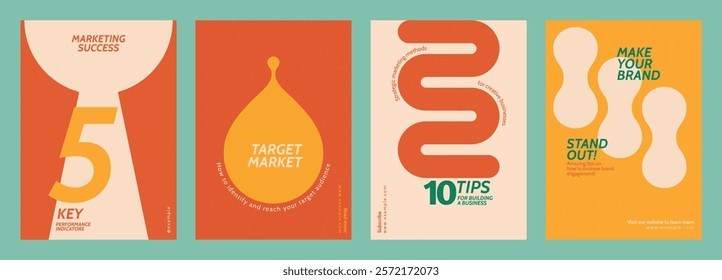 Set of four marketing posters with bold colors. Marketing tips, target market, and branding success. Eye-catching designs for marketing and branding. Retro pastel branding template vector set.