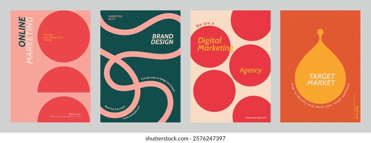 Set of four marketing posters with bold colors and abstract designs. Includes text like 'Online Marketing' and 'Digital Marketing Agency'. Retro pastel branding template vector set.