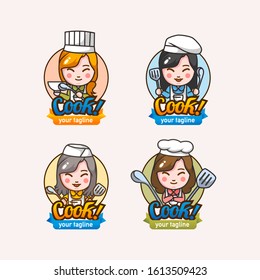 Conjunto de cuatro mujeres de mascota con herramientas de cocina y cheff con ilustraciones vectoriales. puedes agregar tu propio eslogan. utilice mascota de fot, el logotipo del restaurante y otros.