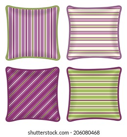 Set of four matching decorative pillows, patterned pillowcase - orchid and green stripes pattern. Isolated on white. Vector illustration.