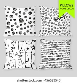 Set of four matching decorative pillows for interior design. Vector illustration with doodle elements