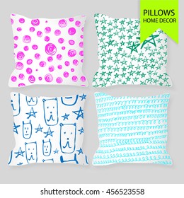 Set of four matching decorative pillows for interior design. Vector illustration with doodle elements
