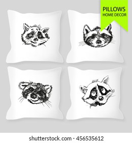Set of four matching decorative pillows for interior design. Vector illustration with doodle elements
