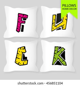 Set of four matching decorative pillows for interior design. Vector illustration with letters