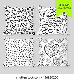 Set of four matching decorative pillows for interior design. Vector illustration with doodle elements