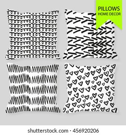 Set of four matching decorative pillows for interior design. Vector illustration with doodle elements