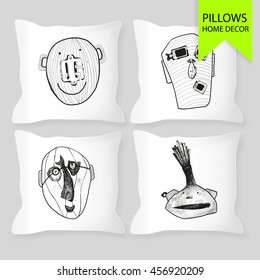 Set of four matching decorative pillows for interior design. Vector illustration with doodle elements