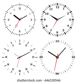 A set of four mechanical clocks. Clock face on white background.
