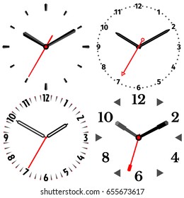 A set of four mechanical clocks. Clock face on white background.
