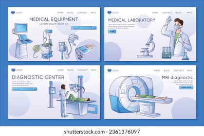 Set of four medical diagnostic equipment flat line websites with clickable links buttons and editable text vector illustration