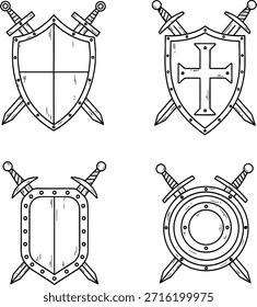 Eine Reihe von vier mittelalterlichen Schilddesigns, die jeweils von gekreuzten Schwertern begleitet werden und verschiedene Formen und Embleme zeigen, ideal für Heraldik, Wappen oder Fantasie-Illustrationen.