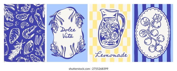 Set of four Mediterranean cards in blue and yellow with lemons, pitcher, shells, and ornamental patterns. Summer coastal collection for stationery, menus, invitations, packaging, and prints.