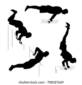 Set with four men athletes. Workout, sport concept. Black silhouettes on white background