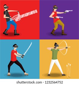Set of four men gaming in virtual reality glasses with virtual minigun, revolver, bow and katana. in flat cartoon style.