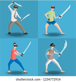 Set of four men gaming in virtual reality glasses with virtual swords.  in flat cartoon style.