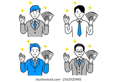 Set of four men in suits holding money and making an OK sign
