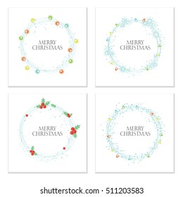 Set of four Merry Christmas gift card backgrounds with lettering and a frame of snow flakes and various Merry Christmas/Happy New Year decorations. Vector illustration.