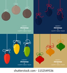 Set of four Merry Christmas and Happy New Year backgrounds with christmas balls. Vector background  for your greeting cards, invitations, festive posters. 
