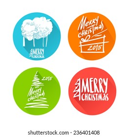 Set of four Merry christmas letterings in rounds isolated on white background. Vector illustration of xmas text and image of fir, sheep and present (flat style with long shadow) for your designs.
