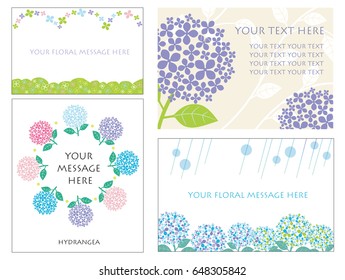 A set of four message cards with vector hydrangeas illustrations. 