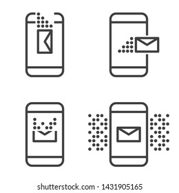 A set of four message icons on a mobile device. Receive, send, delete and alert. Vector on white background.