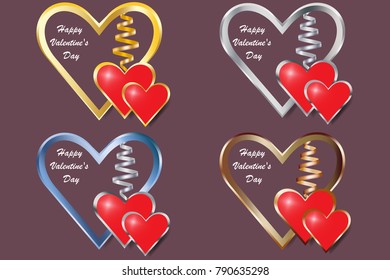 Set of four metal frame hearts with little red hearts hanging on the ribbon. Vector can be used for Valentine's Day  or Wedding Day.