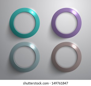 Set of four metal / metallic circles / rings with shiny lights for websites or business design. Glossy style