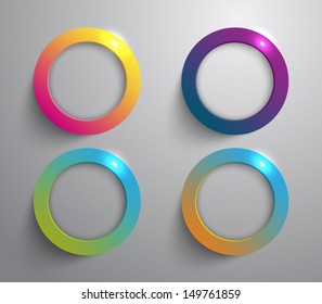 Set of four metal / metallic circles / rings with shiny lights for websites or business design. Glossy style