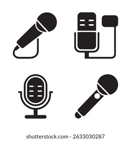 Set of four microphone icons in a simple, flat style. These white graphics on a transparent background are a valuable asset for designers needing versatile audio equipment symbols