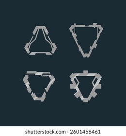 Set Of Four Military Futuristic Sci Fi Hud Frames Logo Icons Elements Metallic Triangle Shapes Silver Steel Metal Gray Vector Design