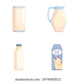 Set of four milk containers including a glass, jug, bottle, and carton with goat milk label