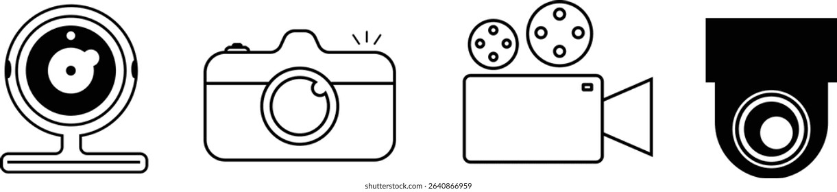 A set of four minimal black line camera icons including webcam, DSLR photo camera, vintage video recorder, and surveillance CCTV. Perfect for UI-UX, web design, and mobile apps.