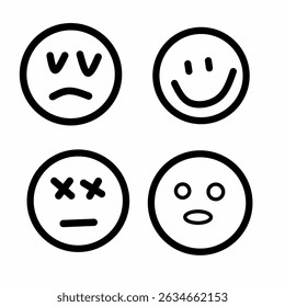 Set of four minimal emoji faces showing different emotions: happy, sad, shocked, and deadpan.