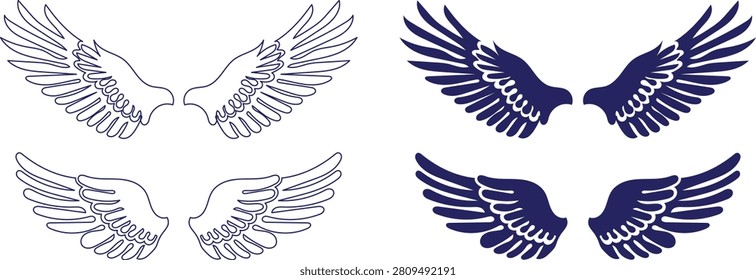 Set of four minimalist angel wings, two in outline and two in solid navy blue. This vector illustration features decorative spiritual and heavenly design elements, perfect for artistic graphics. Clean, simple, and versatile. Ideal for tattoos, logos, or celestial branding.