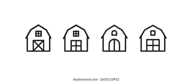 Conjunto de quatro ícones de celeiro minimalista em estilo de contorno preto.