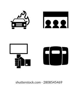 A set of four minimalist black icons representing civil unrest, including a burning car, a protest crowd, a protest sign, and riot police shields.